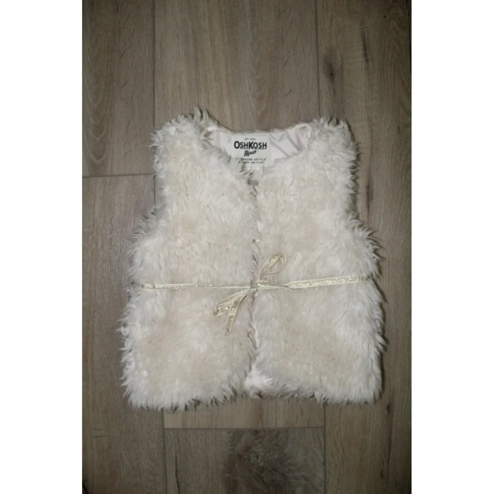 OshKosh B'gosh Girls Ivory Faux Fur Vest 4T Gold Ribbon Tie Cream Shaggy Plush